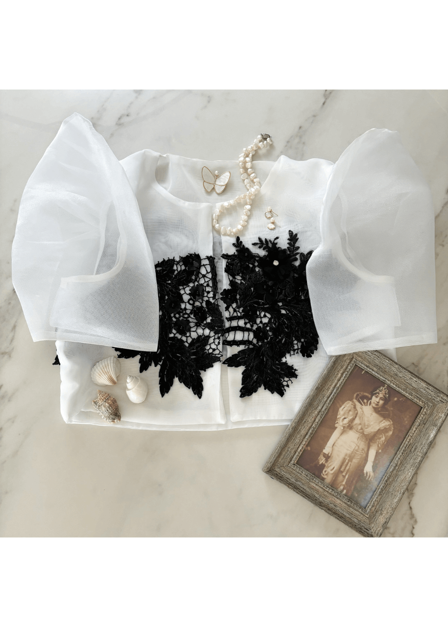 "Dulce" Black and White Full Filipiniana Bolero