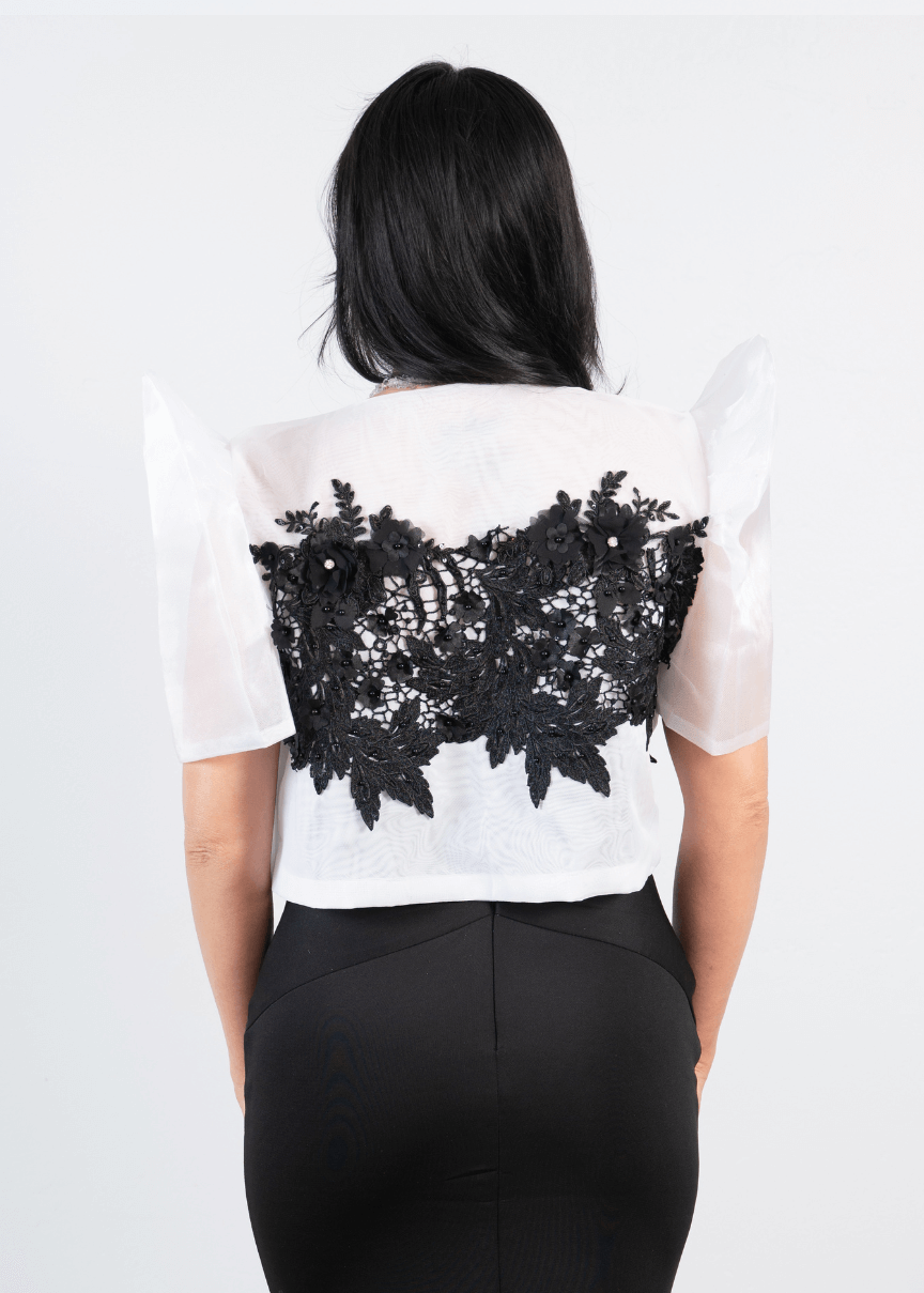 "Dulce" Black and White Full Filipiniana Bolero