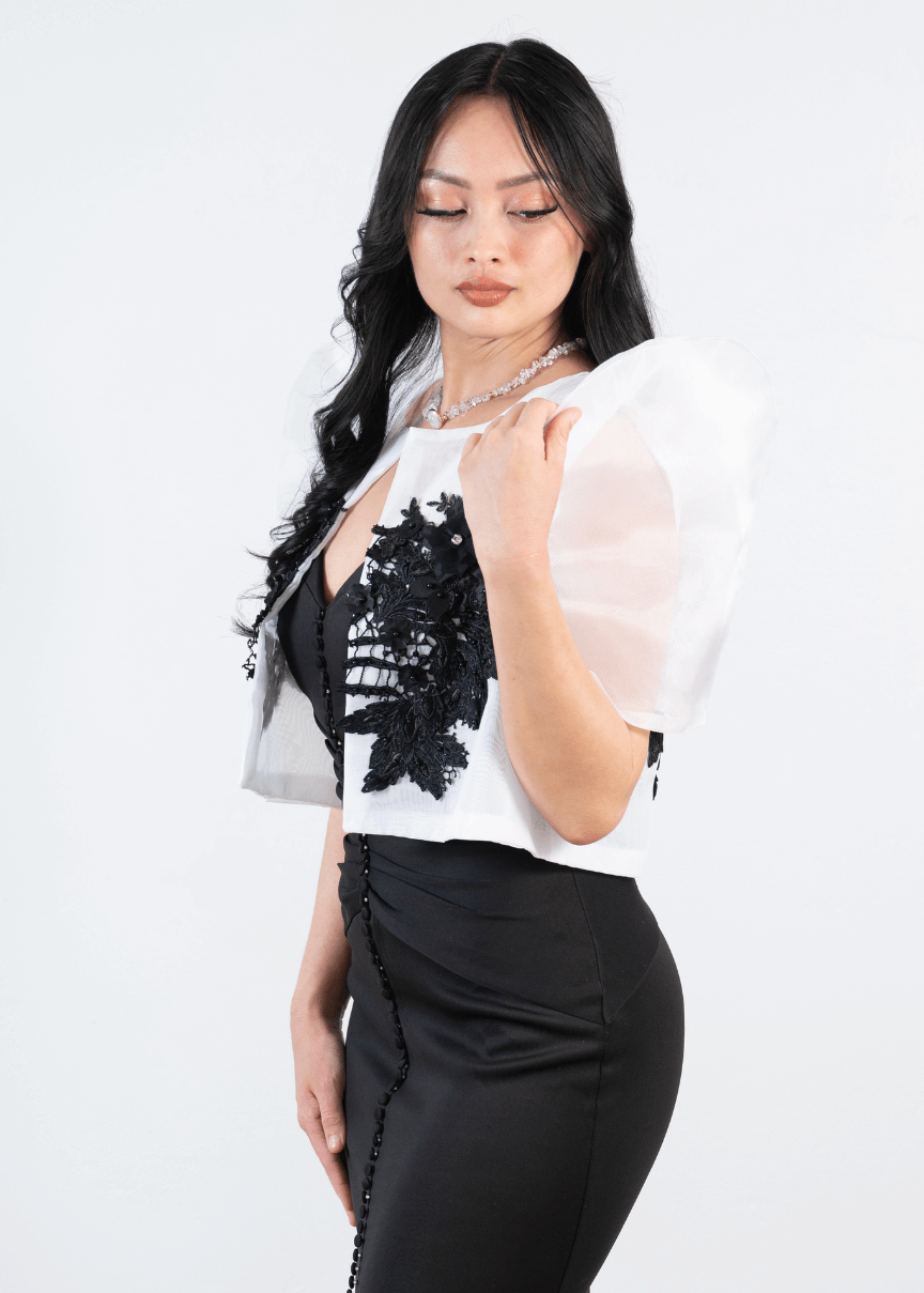 "Dulce" Black and White Full Filipiniana Bolero