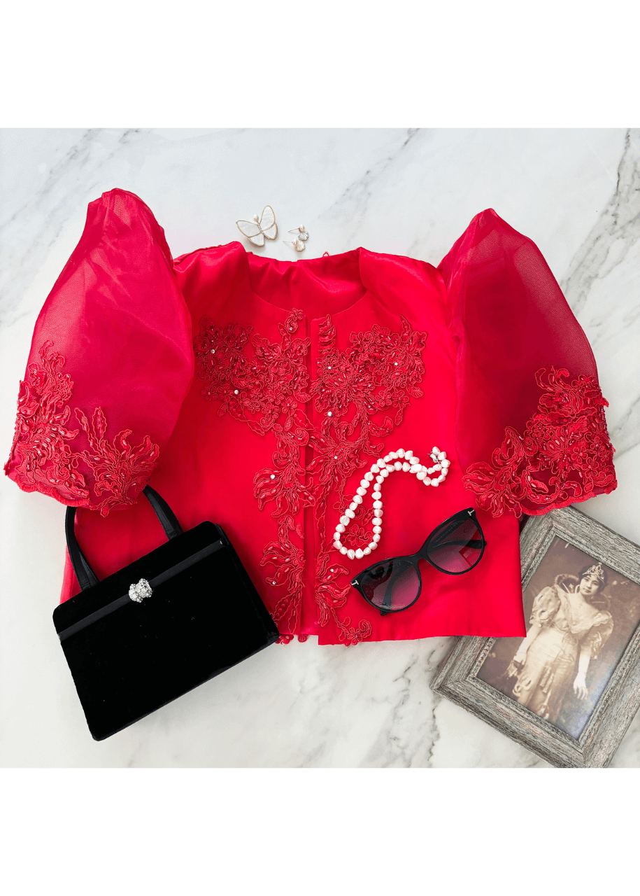"Gina" Red Satin Lace Filipiniana Bolero